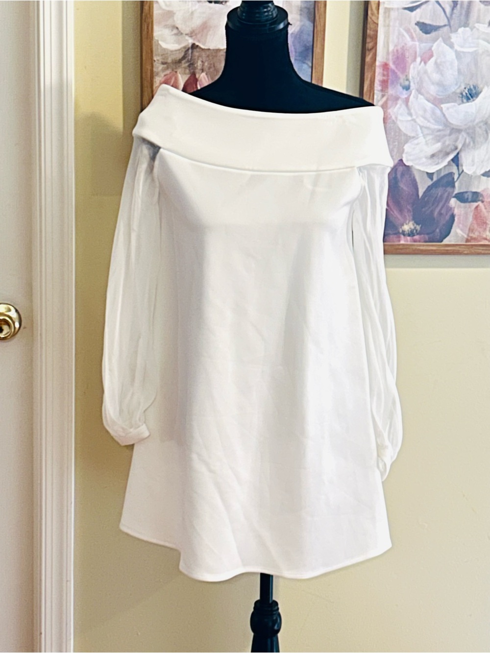 Boston Proper White Off-Shoulder Shift Dress with Sheer Sleeves